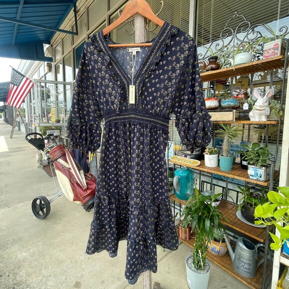 NWT Women's Large MAX STUDIO Navy Floral V-neck Empire Waist Tiered Midi Dress - Picture 4 of 16